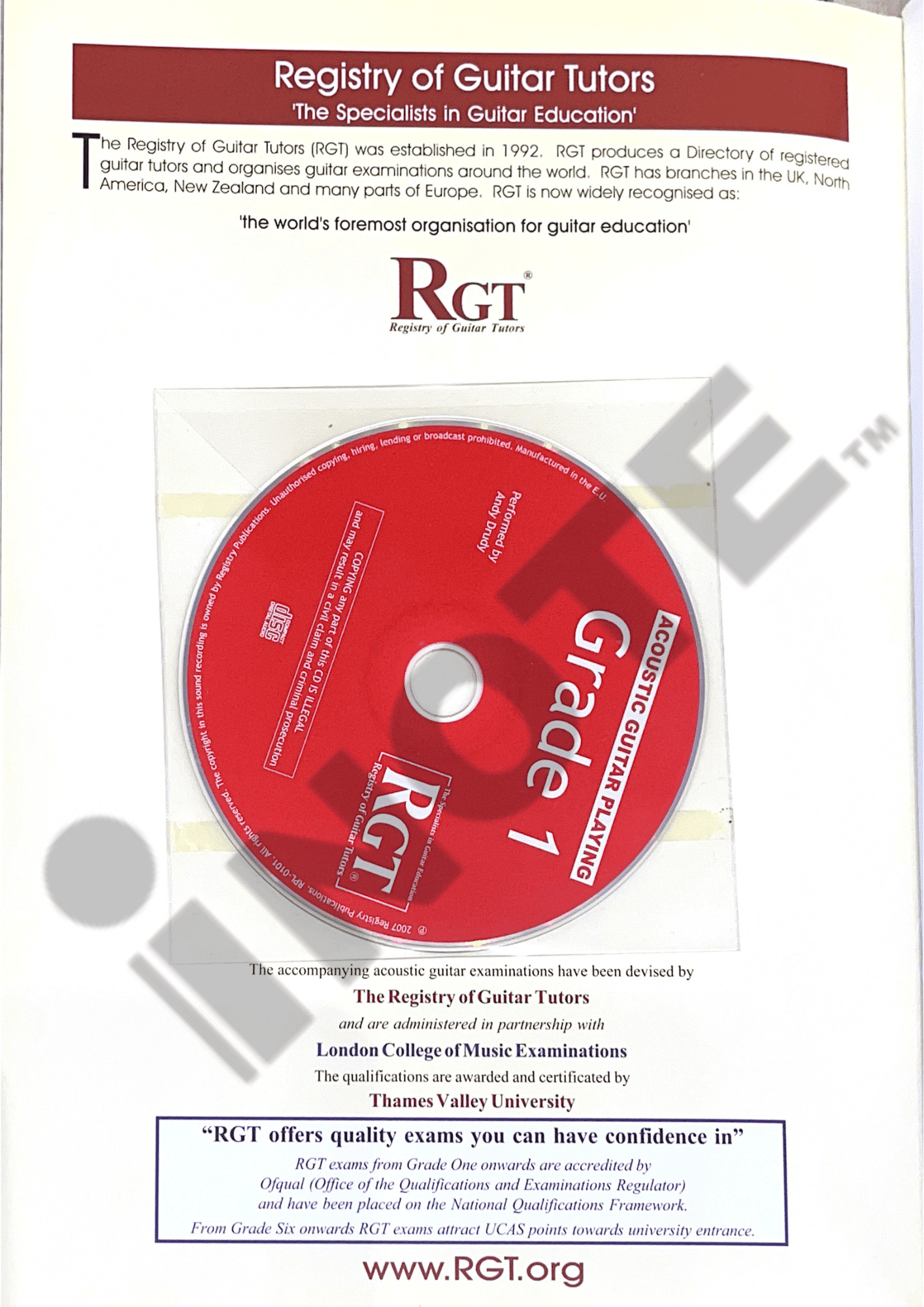 RGT Registry of Guitar Tutors Acoustic Guitar Playing Grade 1 London College of Music Exams LCME