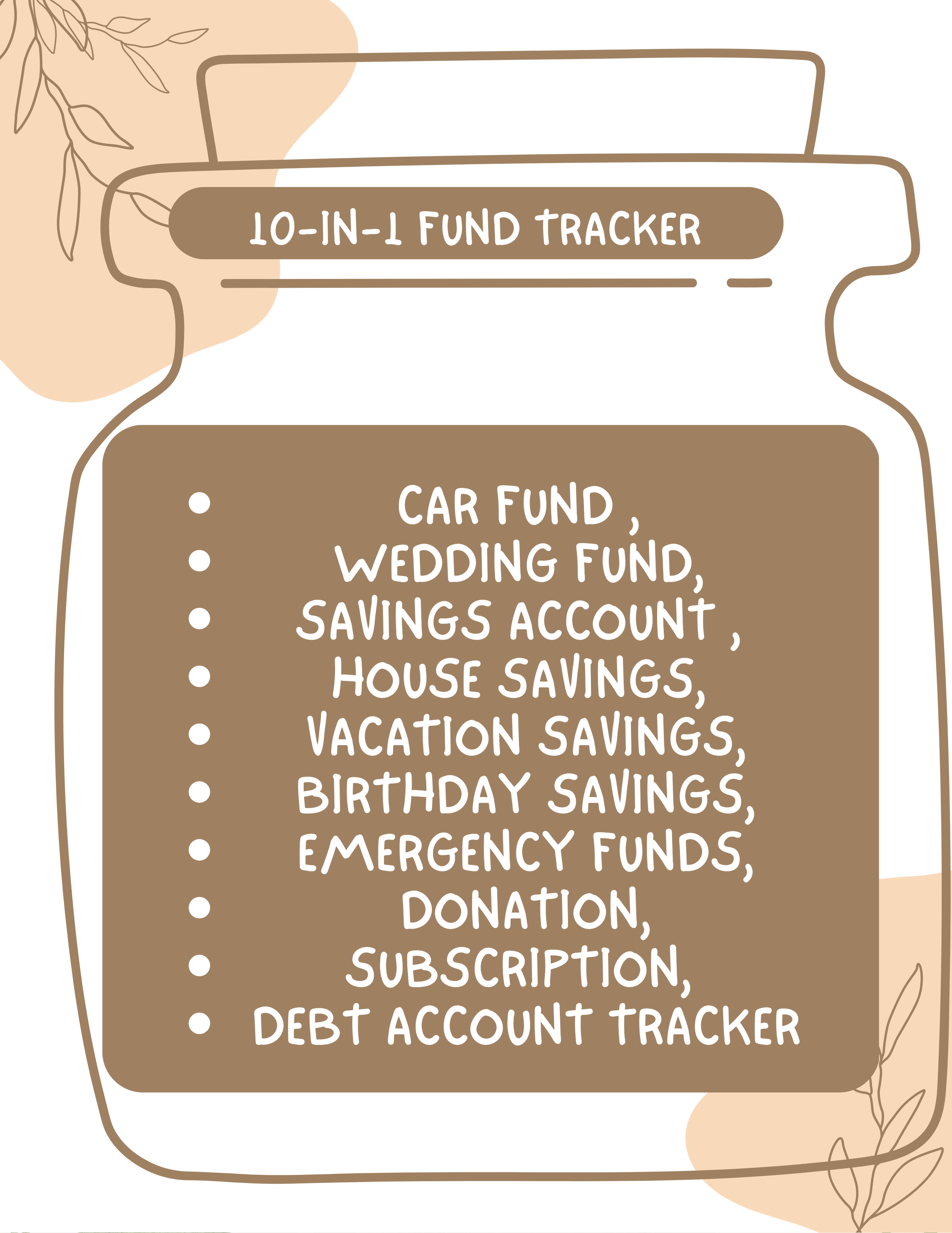 10-in-1 Fund Tracker- Car Fund ,  Wedding Fund, Savings Account , House Savings, Vacation Savings,Birthday Savings, Emergency Funds ,  Donation ,  Subscription , Debt Account Tracker