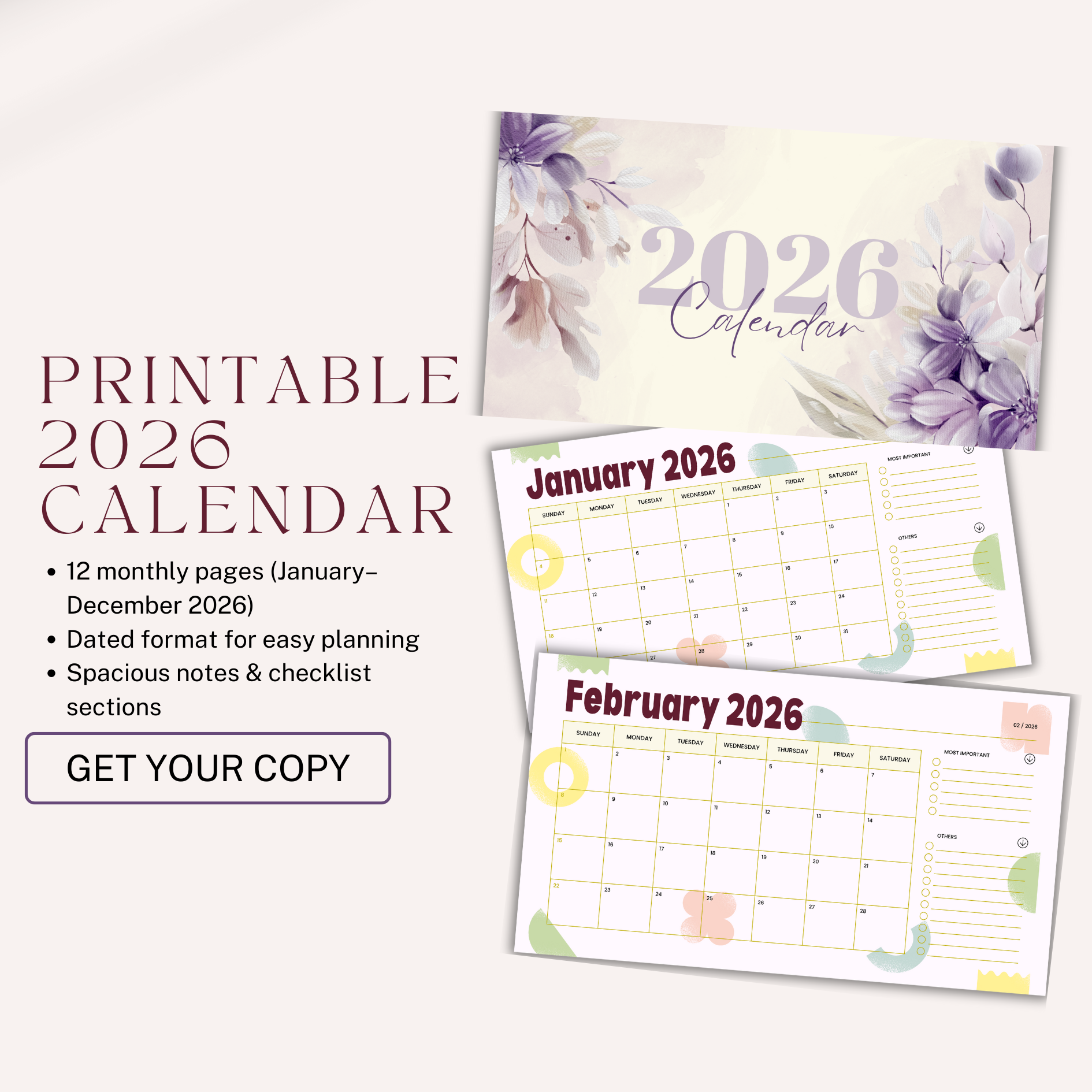 2026 Printable Calendar – Dated Monthly Planner PDF | Cute Minimal Design for Home or Office