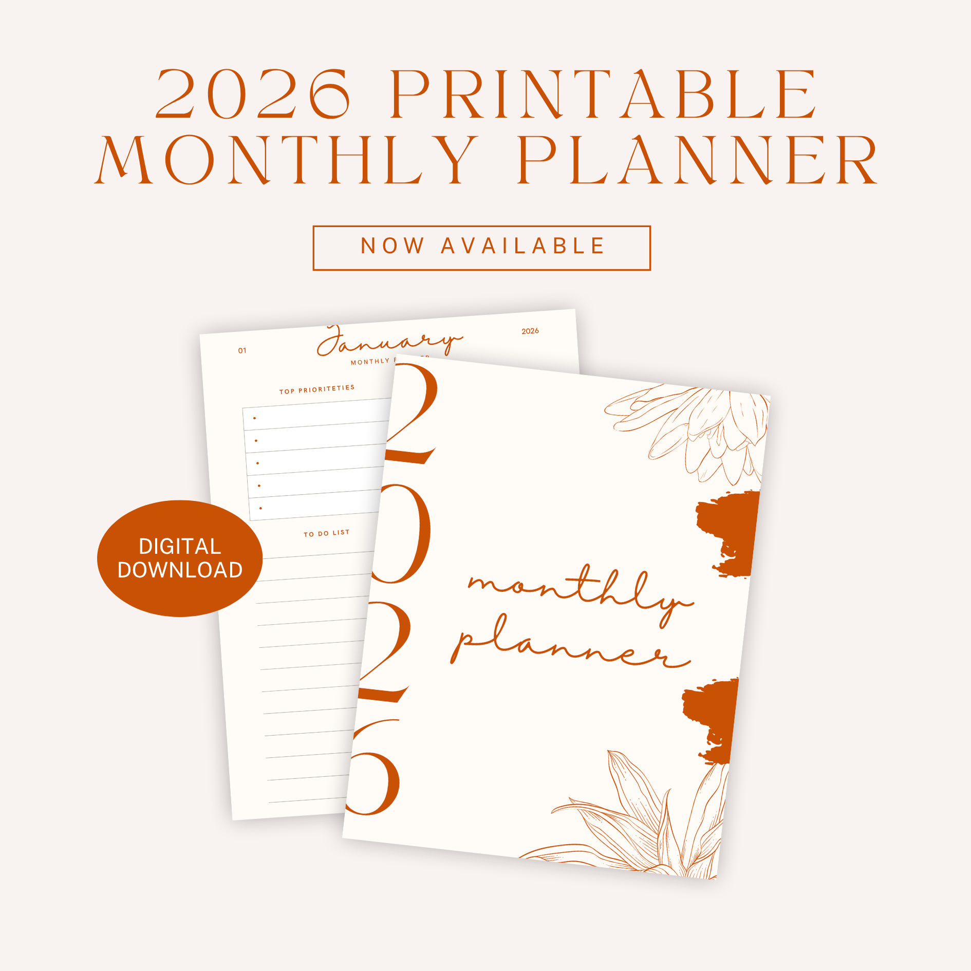 2026 Monthly Planner – Minimal Dated Printable PDF