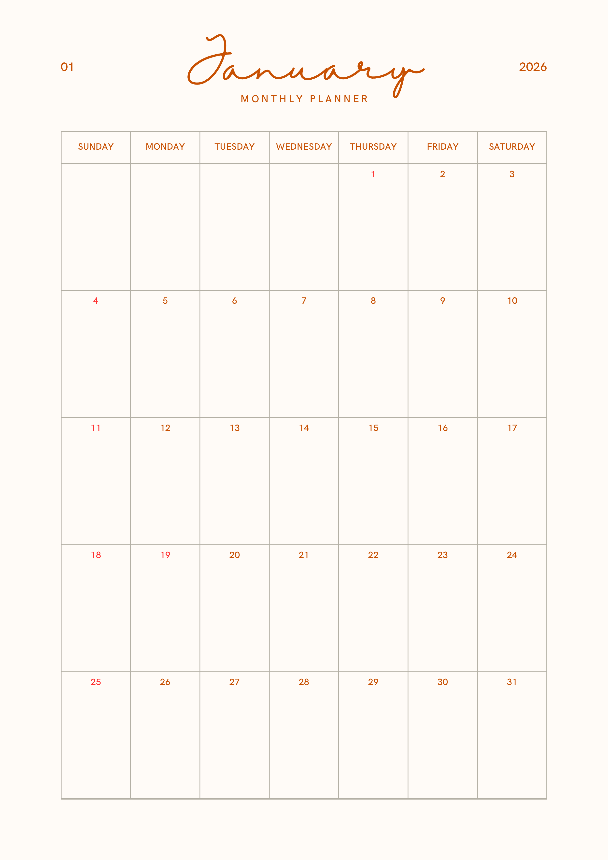 2026 Monthly Planner – Minimal Dated Printable PDF 
