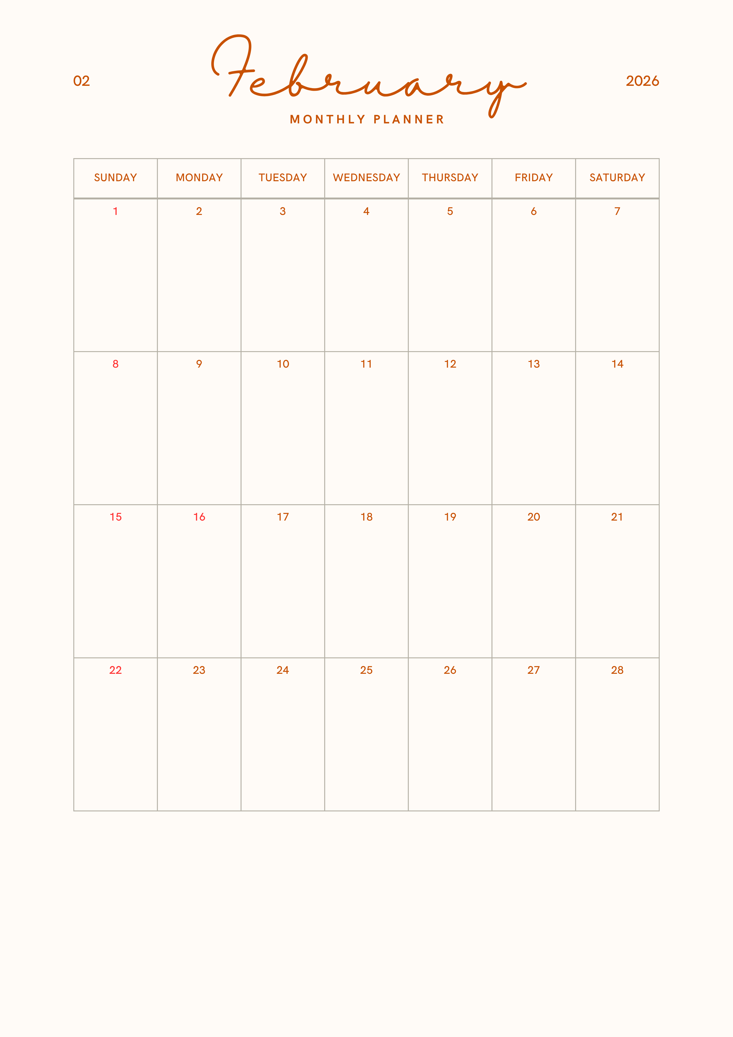 2026 Monthly Planner – Minimal Dated Printable PDF 