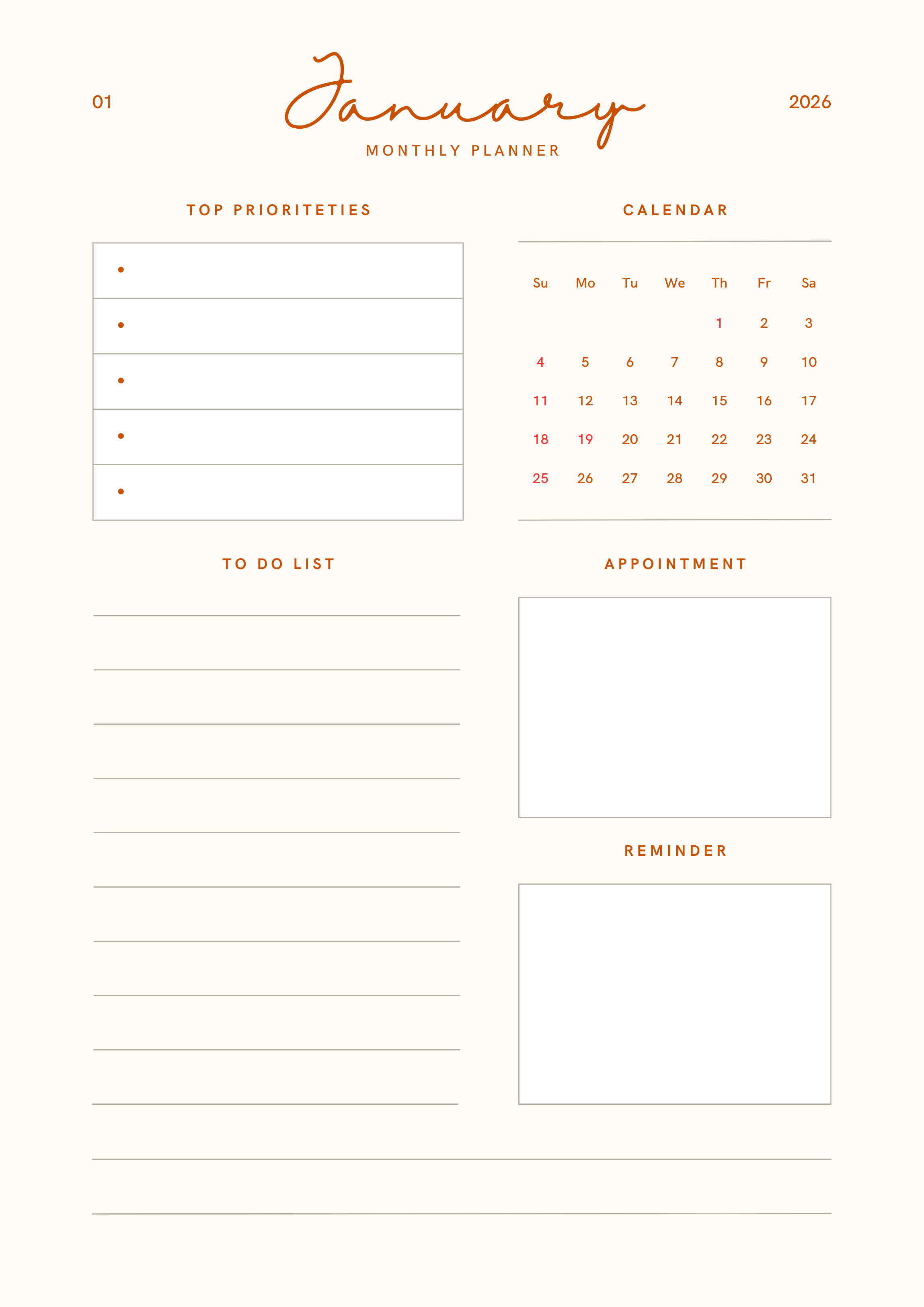 2026 Monthly Planner – Minimal Dated Printable PDF 