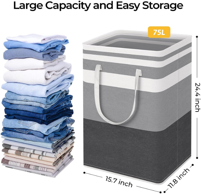 2-Pack Large Laundry Basket, Waterproof, Freestanding Laundry Hamper, Collapsible Tall Clothes Hamper with Extended Handles for Clothes Toys in the Dorm and Family-(Gradient Grey, 75L)