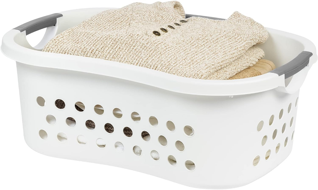 50L Plastic Hip Hold Laundry Basket Hamper Organizer with Built-In Comfort Carry Handles, 1.4 Bushel, for Closet, Dorm, Laundry Room, Bedroom, Nestable, Ventilation Hole, Large, White
