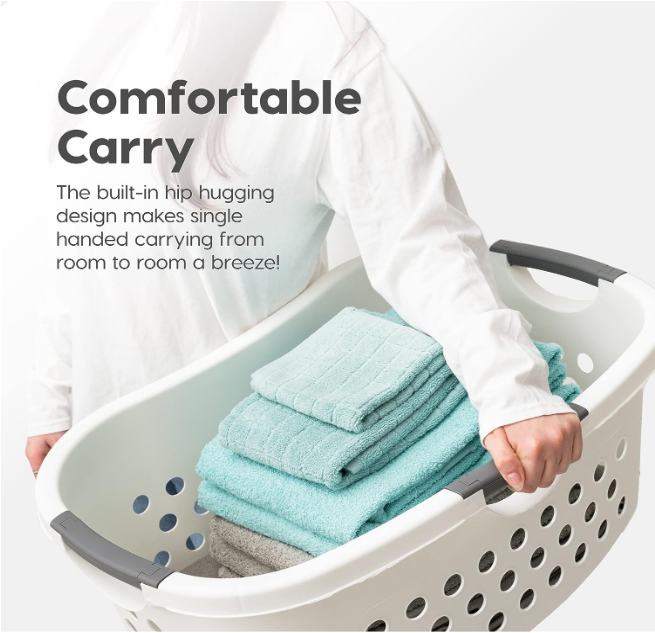 50L Plastic Hip Hold Laundry Basket Hamper Organizer with Built-In Comfort Carry Handles, 1.4 Bushel, for Closet, Dorm, Laundry Room, Bedroom, Nestable, Ventilation Hole, Large, White