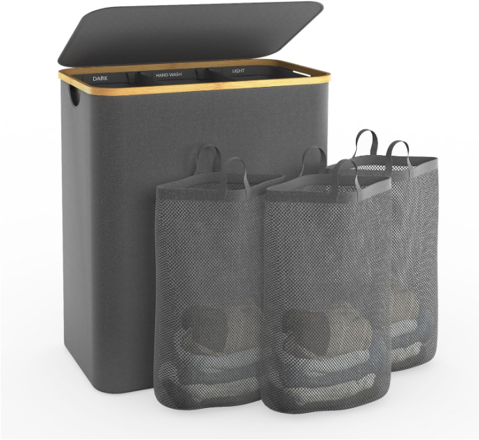 Laundry Hamper with Lid, 145L Extra Large Hamper 3 Section Dirty Clothes Hampers for Divided Basket Organizer for Bedroom,Laundry Room,Grey