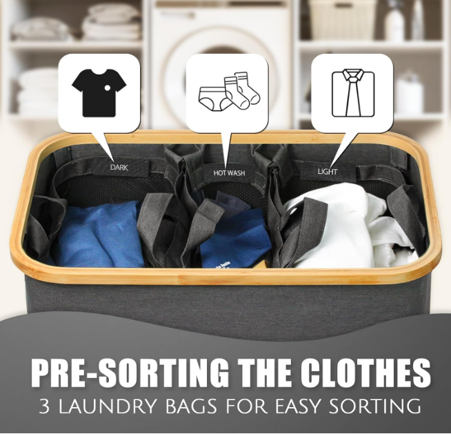 Laundry Hamper with Lid, 145L Extra Large Hamper 3 Section Dirty Clothes Hampers for Divided Basket Organizer for Bedroom,Laundry Room,Grey