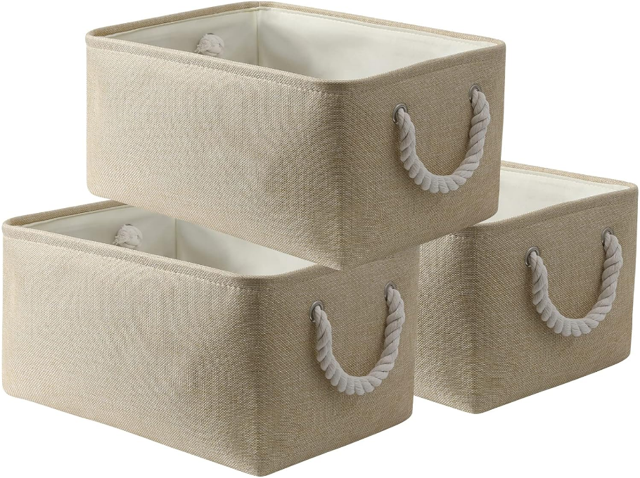 Storage Basket Bins - Decorative Baskets Storage Box Cubes Containers with Handles for Clothes Storage Books, Home, Office (Beige, 13.7L*9.8W*6.7H（3Pack）)