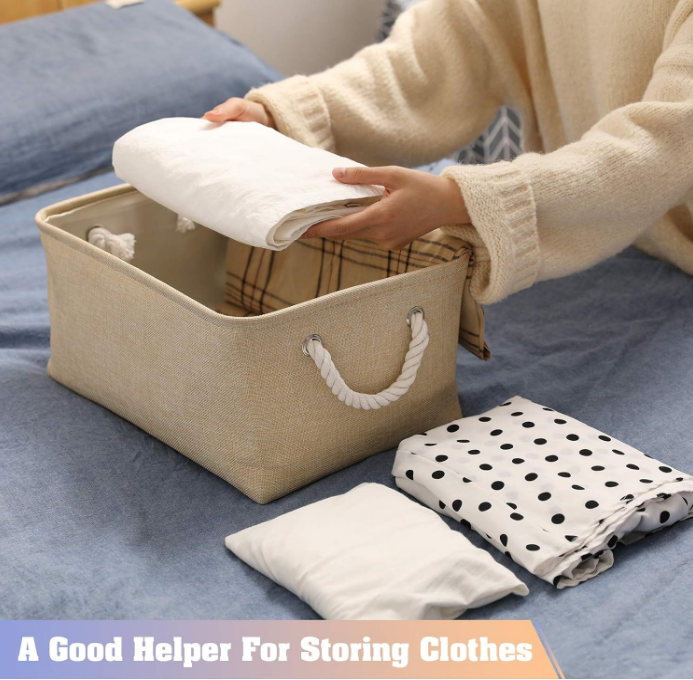 Storage Basket Bins - Decorative Baskets Storage Box Cubes Containers with Handles for Clothes Storage Books, Home, Office (Beige, 13.7L*9.8W*6.7H（3Pack）)