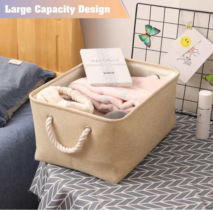 Storage Basket Bins - Decorative Baskets Storage Box Cubes Containers with Handles for Clothes Storage Books, Home, Office (Beige, 13.7L*9.8W*6.7H（3Pack）)