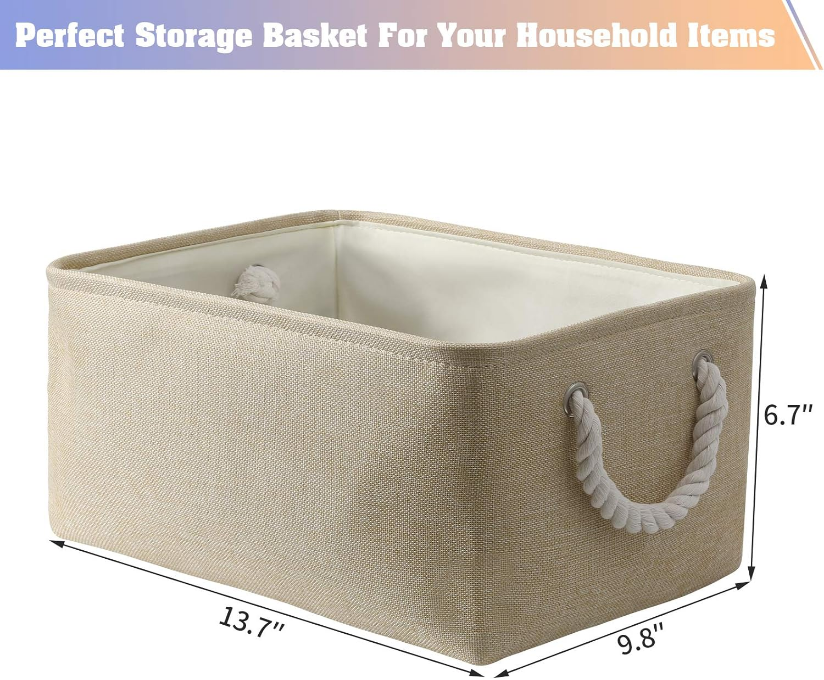 Basket Bins - Decorative Baskets Storage Box Cubes Containers with Handles for Clothes Storage Books, Home, Office (Beige, 13.7L*9.8W*6.7H（3Pack）)