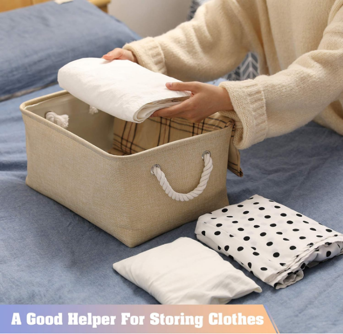 Basket Bins - Decorative Baskets Storage Box Cubes Containers with Handles for Clothes Storage Books, Home, Office (Beige, 13.7L*9.8W*6.7H（3Pack）)