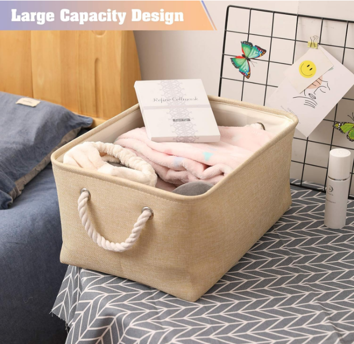 Basket Bins - Decorative Baskets Storage Box Cubes Containers with Handles for Clothes Storage Books, Home, Office (Beige, 13.7L*9.8W*6.7H（3Pack）)