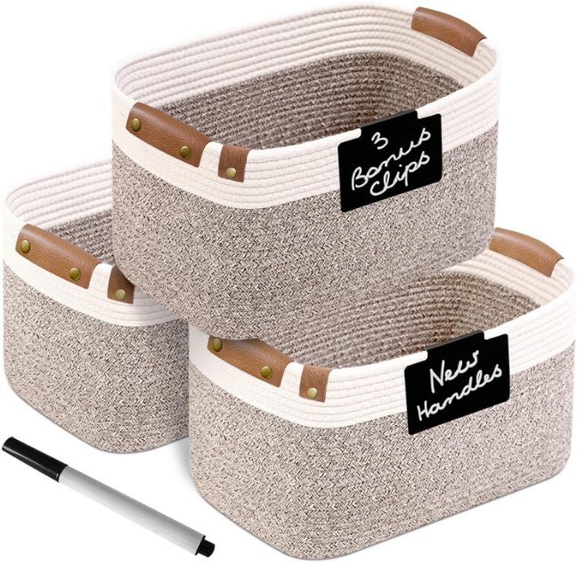 Cotton Rope Baskets for Organizing | Storage Baskets for Shelves | Rope Basket for Storage, Small Laundry Baskets, Woven Baskets for Storage, Dog Toy Bin, Baby Basket,Off White&Brown 3 Pack