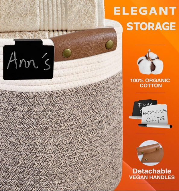 Cotton Rope Baskets for Organizing | Storage Baskets for Shelves | Rope Basket for Storage, Small Laundry Baskets, Woven Baskets for Storage, Dog Toy Bin, Baby Basket,Off White&Brown 3 Pack