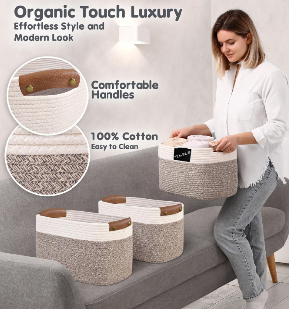 Cotton Rope Baskets for Organizing | Storage Baskets for Shelves | Rope Basket for Storage, Small Laundry Baskets, Woven Baskets for Storage, Dog Toy Bin, Baby Basket,Off White&Brown 3 Pack