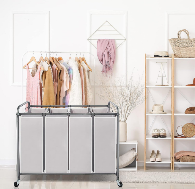 Laundry Sorter 4 Section, Laundry Hamper with Wheels, Laundry Basket Sorter, Laundry Separator Hamper, Laundry Divider Hamper, 4 Bag Laundry Hamper with Wheels and Removable Bags, Gray