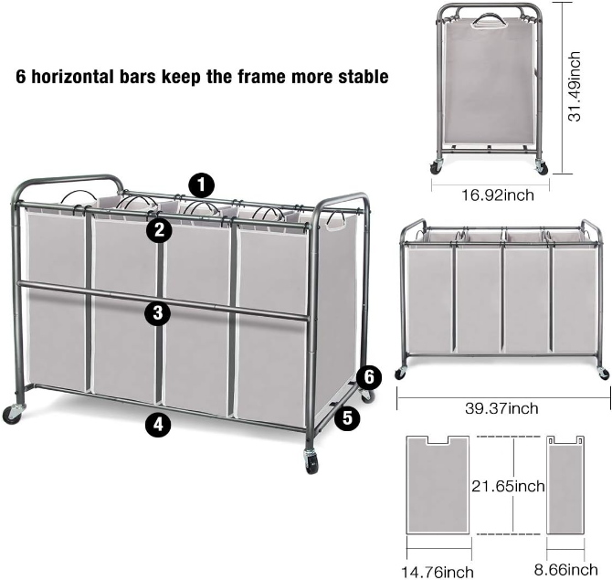 Laundry Sorter 4 Section, Laundry Hamper with Wheels, Laundry Basket Sorter, Laundry Separator Hamper, Laundry Divider Hamper, 4 Bag Laundry Hamper with Wheels and Removable Bags, Gray