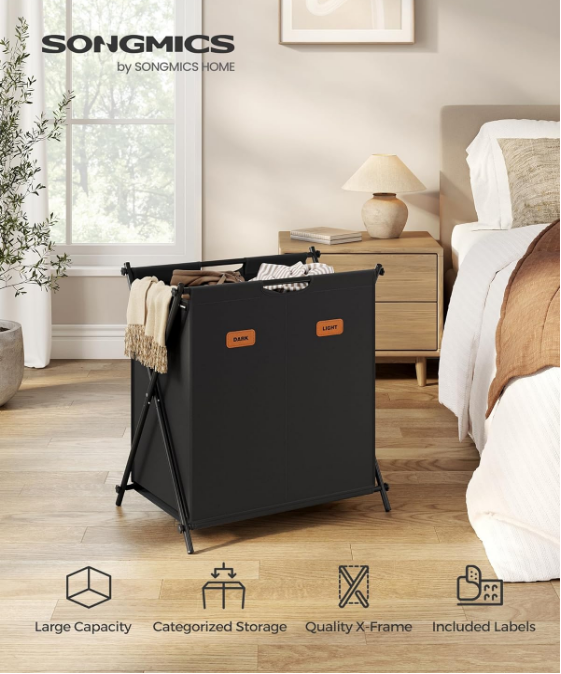 Laundry Hamper, Laundry Basket, 30.4 Gal. Laundry Sorter 2 Sections, Collapsible X-Frame, Clothes Organizer with Customizable Labels, Laundry Room, Bedroom, Bathroom, Ink Black ULCB120B01
