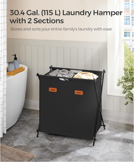 Laundry Hamper, Laundry Basket, 30.4 Gal. Laundry Sorter 2 Sections, Collapsible X-Frame, Clothes Organizer with Customizable Labels, Laundry Room, Bedroom, Bathroom, Ink Black ULCB120B01