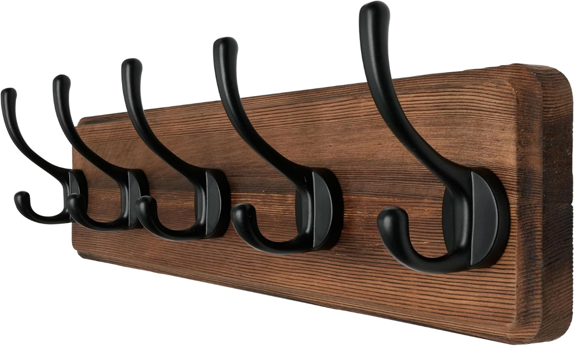 Coat Rack Wall Mounted with 5 Coat Hooks - Heavy Duty Wooden Wall Coat Hanger for Clothes Hat Jacket Clothing, Natural & Black