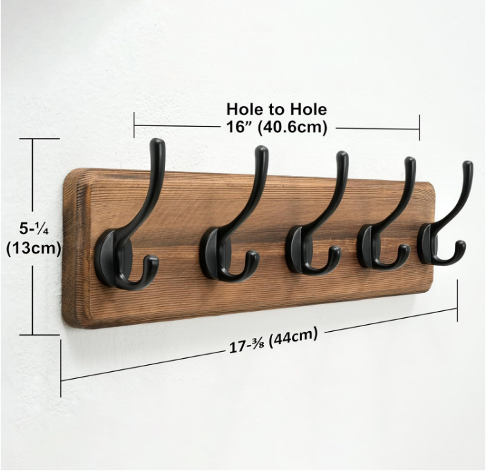 Coat Rack Wall Mounted with 5 Coat Hooks - Heavy Duty Wooden Wall Coat Hanger for Clothes Hat Jacket Clothing, Natural & Black