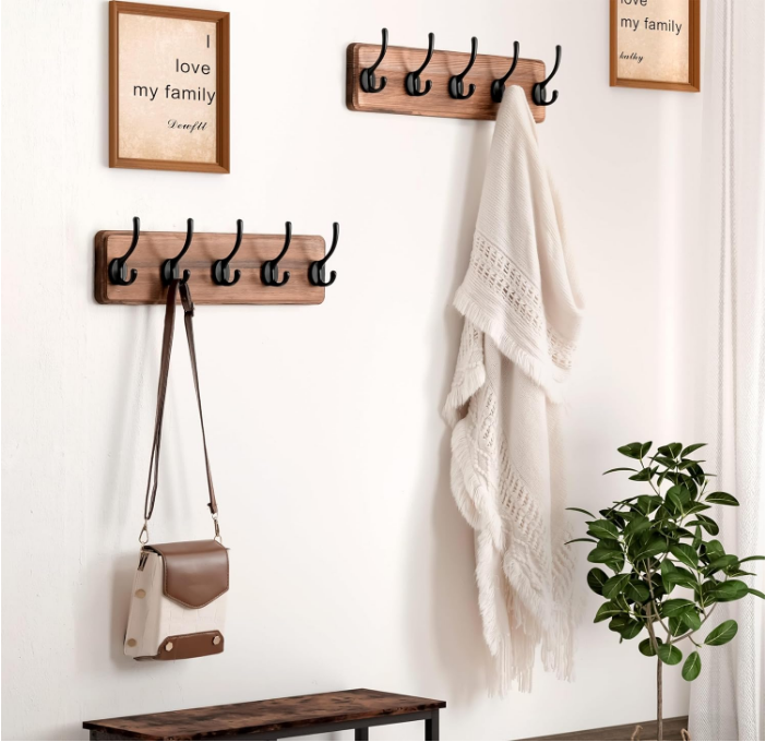 Coat Rack Wall Mounted with 5 Coat Hooks - Heavy Duty Wooden Wall Coat Hanger for Clothes Hat Jacket Clothing, Natural & Black