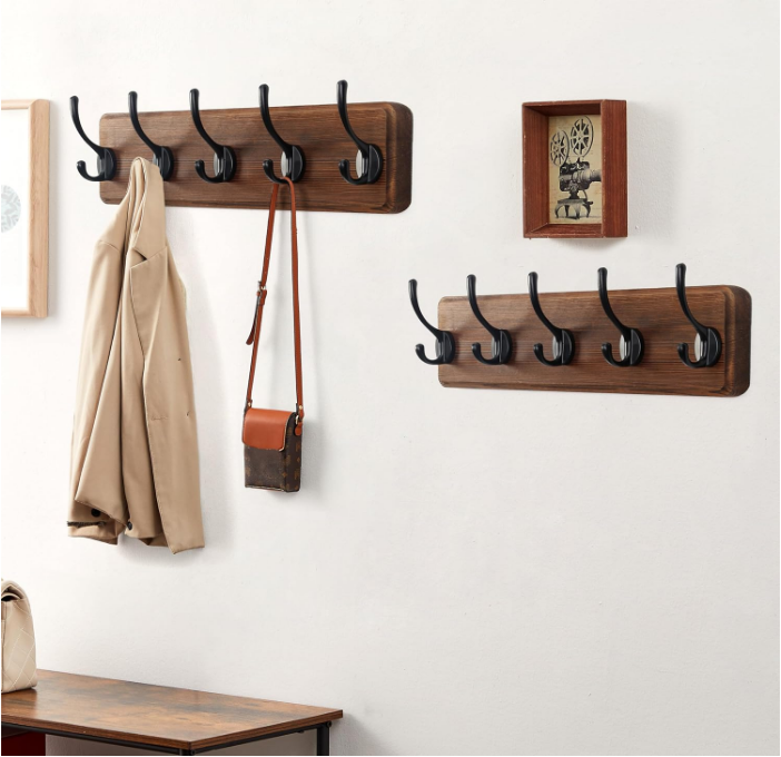 Coat Rack Wall Mounted with 5 Coat Hooks - Heavy Duty Wooden Wall Coat Hanger for Clothes Hat Jacket Clothing, Natural & Black