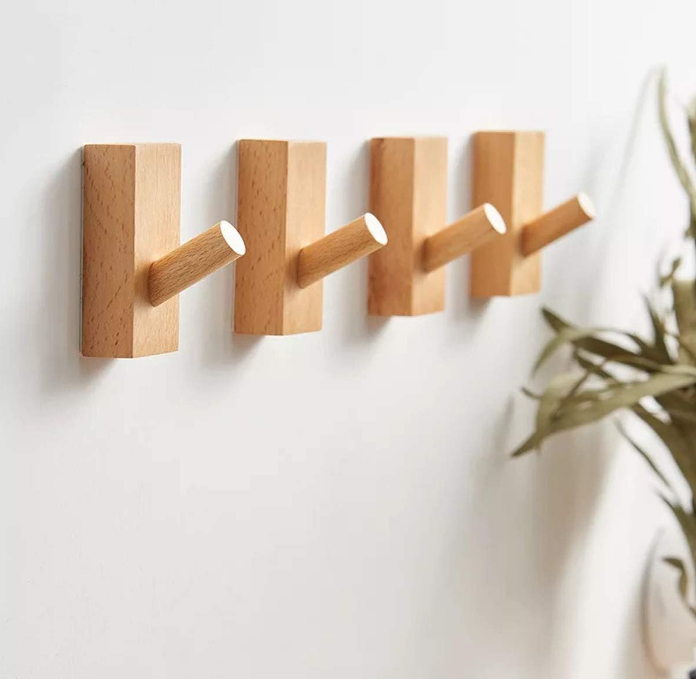 4Pack Adhesive Wall Hooks Hat Rack, Wooden Coat Hooks Wall Mounted, Decorative Hooks Single Organizer Hat Hanger Towel Rack, Heavy Duty Hooks (Rectangle-Beech,4P)