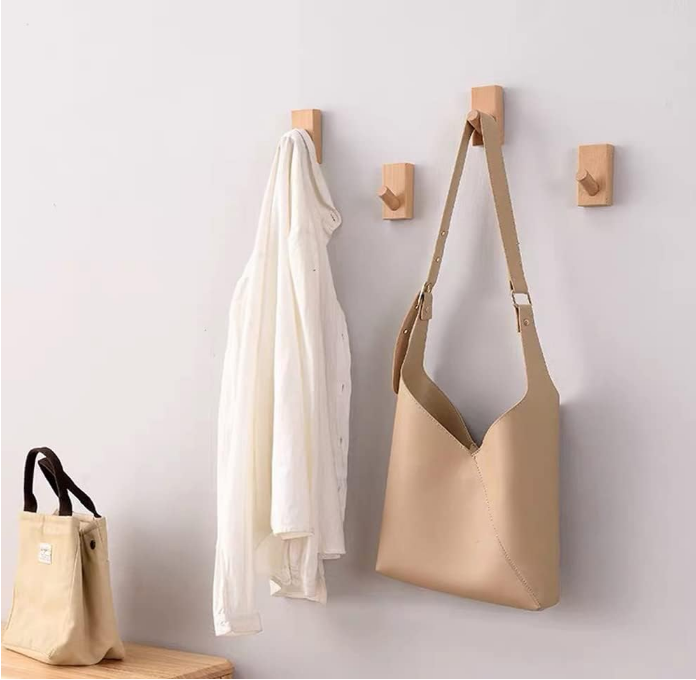 4Pack Adhesive Wall Hooks Hat Rack, Wooden Coat Hooks Wall Mounted, Decorative Hooks Single Organizer Hat Hanger Towel Rack, Heavy Duty Hooks (Rectangle-Beech,4P)