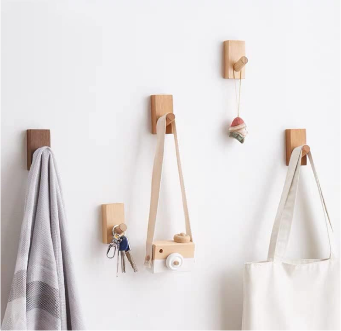 4Pack Adhesive Wall Hooks Hat Rack, Wooden Coat Hooks Wall Mounted, Decorative Hooks Single Organizer Hat Hanger Towel Rack, Heavy Duty Hooks (Rectangle-Beech,4P)