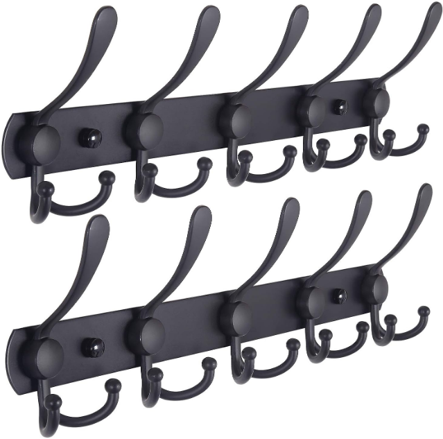 Coat Rack Wall Mounted - 5 Tri Hooks, Heavy Duty, Stainless Steel, Metal Coat Hook Rail for Coat Hat Towel Purse Robes Mudroom Bathroom Entryway (Black, 2 Packs)