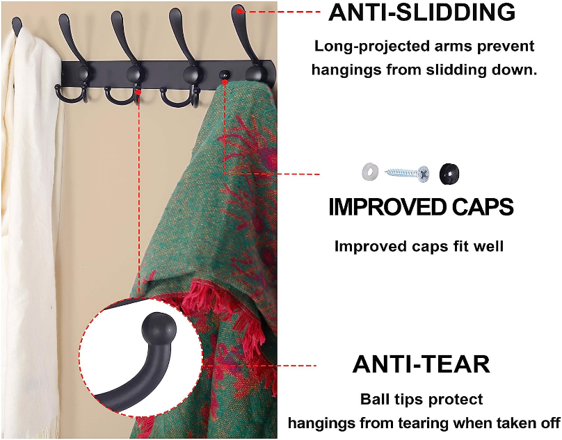 Coat Rack Wall Mounted - 5 Tri Hooks, Heavy Duty, Stainless Steel, Metal Coat Hook Rail for Coat Hat Towel Purse Robes Mudroom Bathroom Entryway (Black, 2 Packs)