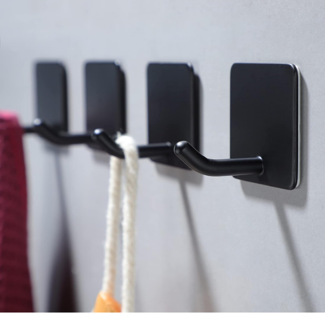 Adhesive Towel Hooks - 4 Pack Towel Hooks for Hanging Robes Coat Hooks Stick on Wall Hooks Stainless Steel, Matte Black
