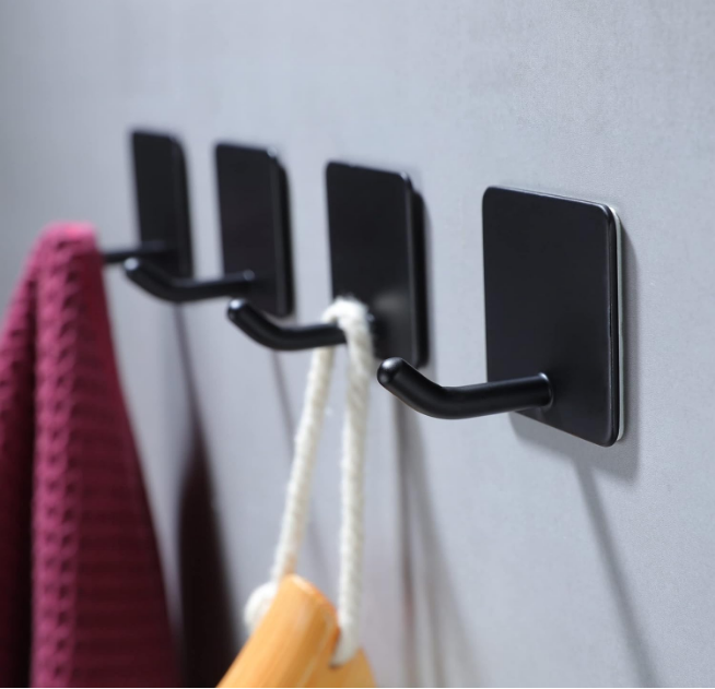 Adhesive Towel Hooks - 4 Pack Towel Hooks for Hanging Robes Coat Hooks Stick on Wall Hooks Stainless Steel, Matte Black