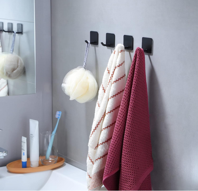 Adhesive Towel Hooks - 4 Pack Towel Hooks for Hanging Robes Coat Hooks Stick on Wall Hooks Stainless Steel, Matte Black