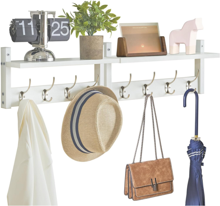Coat Rack Shelf Wall Mounted, Coat Hooks Set of 2, Entryway Coat Hanger with 4 Double Hooks, 31.5" Wall Floating Shelf with Hat Rack, for Kitchen, Bedroom, Bathroom, White UHWS001W-2