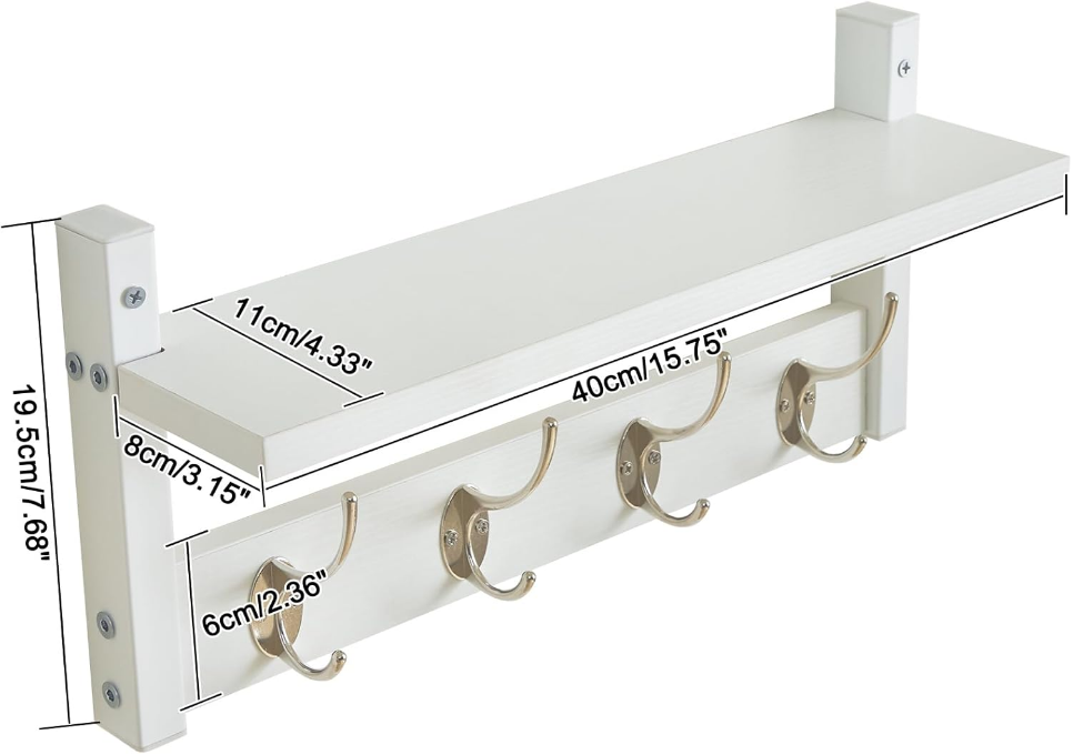 Coat Rack Shelf Wall Mounted, Coat Hooks Set of 2, Entryway Coat Hanger with 4 Double Hooks, 31.5" Wall Floating Shelf with Hat Rack, for Kitchen, Bedroom, Bathroom, White UHWS001W-2