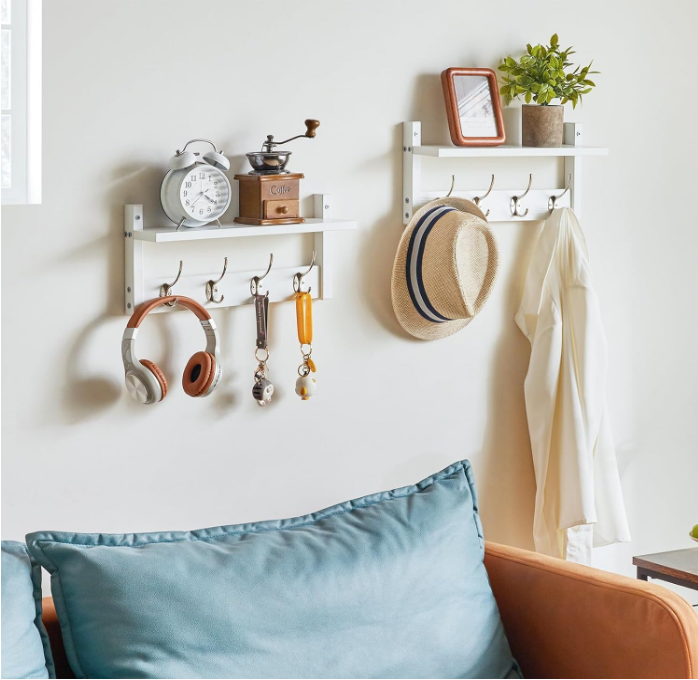 Coat Rack Shelf Wall Mounted, Coat Hooks Set of 2, Entryway Coat Hanger with 4 Double Hooks, 31.5" Wall Floating Shelf with Hat Rack, for Kitchen, Bedroom, Bathroom, White UHWS001W-2