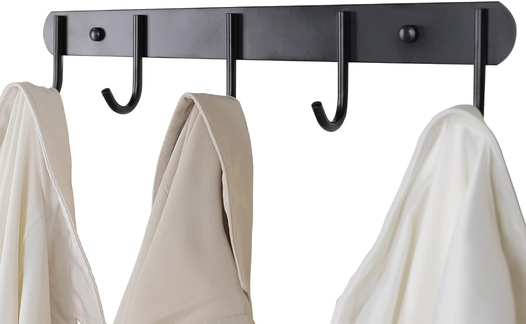  Coat Hooks Wall Mounted - 5 Hooks, Heavy Duty, Stainless Steel, Metal Coat Hook for Coat Hat Towel Purse Robes (Heavy Duty Black 2pc)