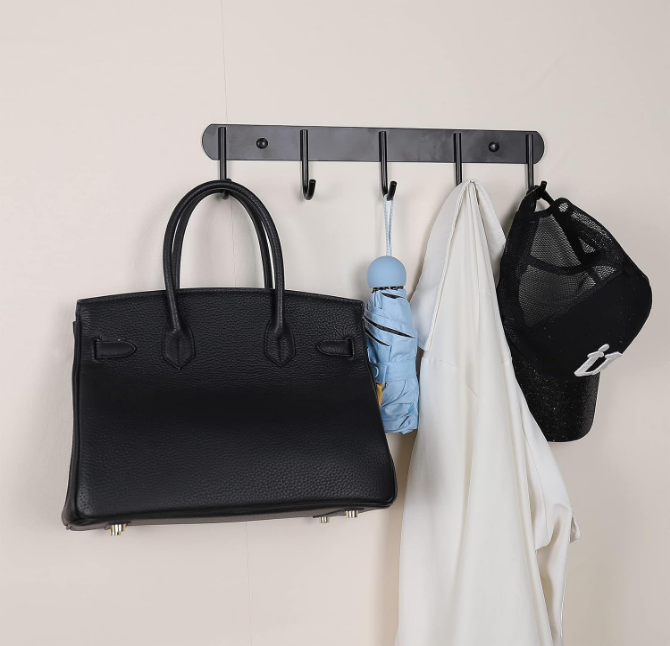  Coat Hooks Wall Mounted - 5 Hooks, Heavy Duty, Stainless Steel, Metal Coat Hook for Coat Hat Towel Purse Robes (Heavy Duty Black 2pc)