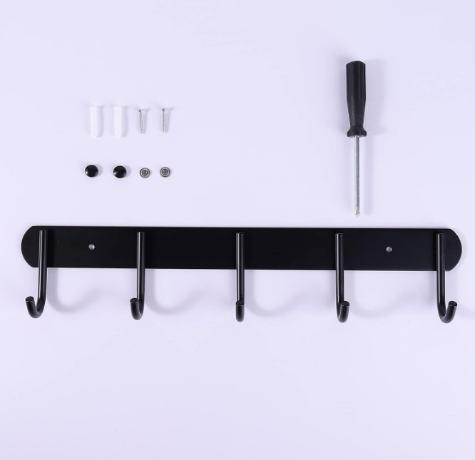  Coat Hooks Wall Mounted - 5 Hooks, Heavy Duty, Stainless Steel, Metal Coat Hook for Coat Hat Towel Purse Robes (Heavy Duty Black 2pc)