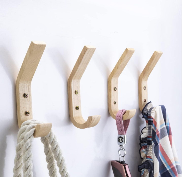 Decorative Natural Wood Coat Hanger,Coat Hooks, Rubber Wood Hooks (Pack 4) Wall Hangers Hooks for Hanging Coats, Hats Hooks, Bags Hooks, Towels Hooks