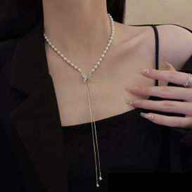 Butterfly Pearl Long Chain Pendant Necklace