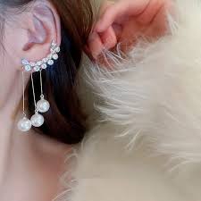 Floral Crystal Pearl Chain Drop Earrings