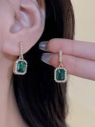 Crystal Studded Huggie Hoop With Rectangular Drop Earrings