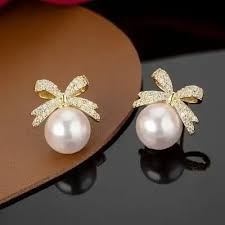 Chic Bow Delight: Fashion Rhinestone Alloy Bow Double Pearl Stud Earrings