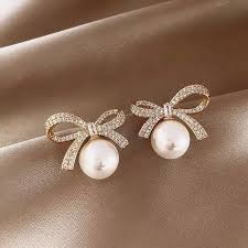 Chic Bow Delight: Fashion Rhinestone Alloy Bow Double Pearl Stud Earrings