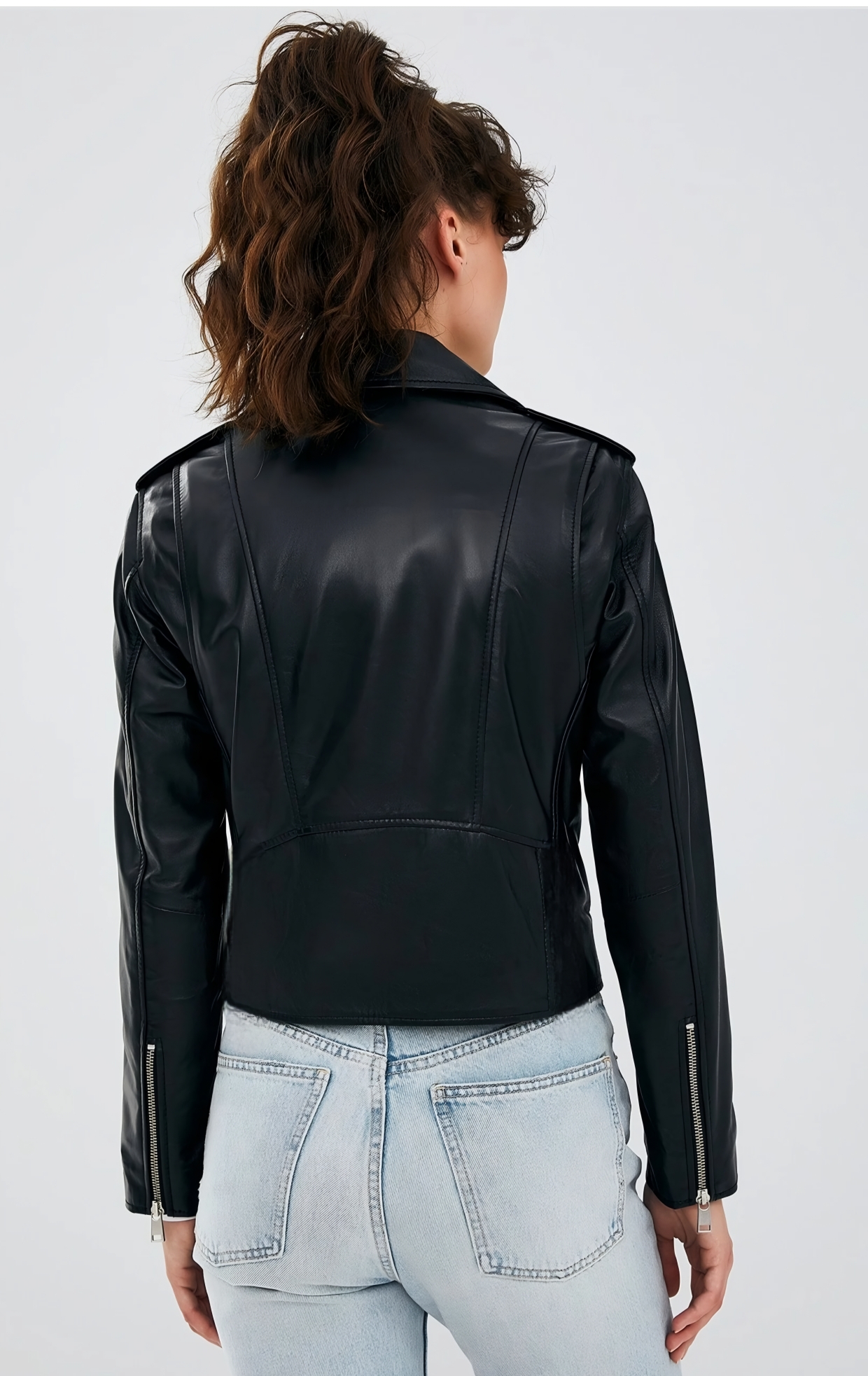 Women's Classic Moto Leather Jacket with Belted Detail